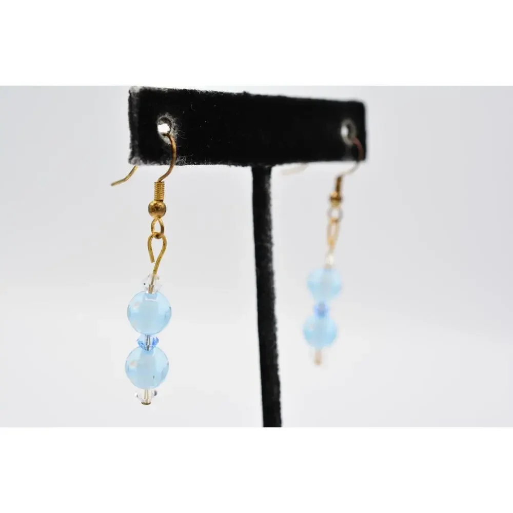 Dangle Beaded Earrings Sky Blue Happy Face Crystal Drop Round 1990s BinAA